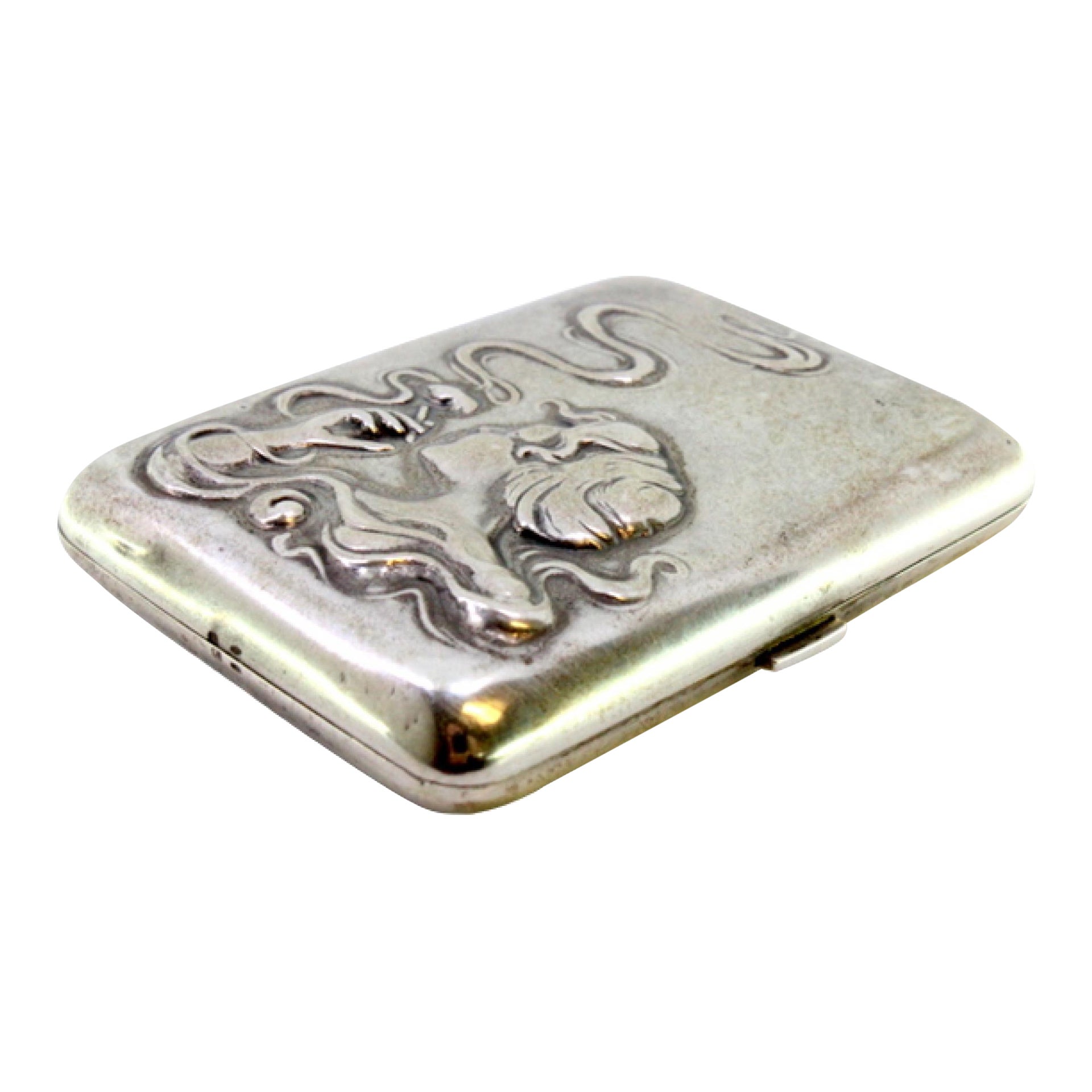 Silver case with young lady on lid in Art Nouveau style, gold interior