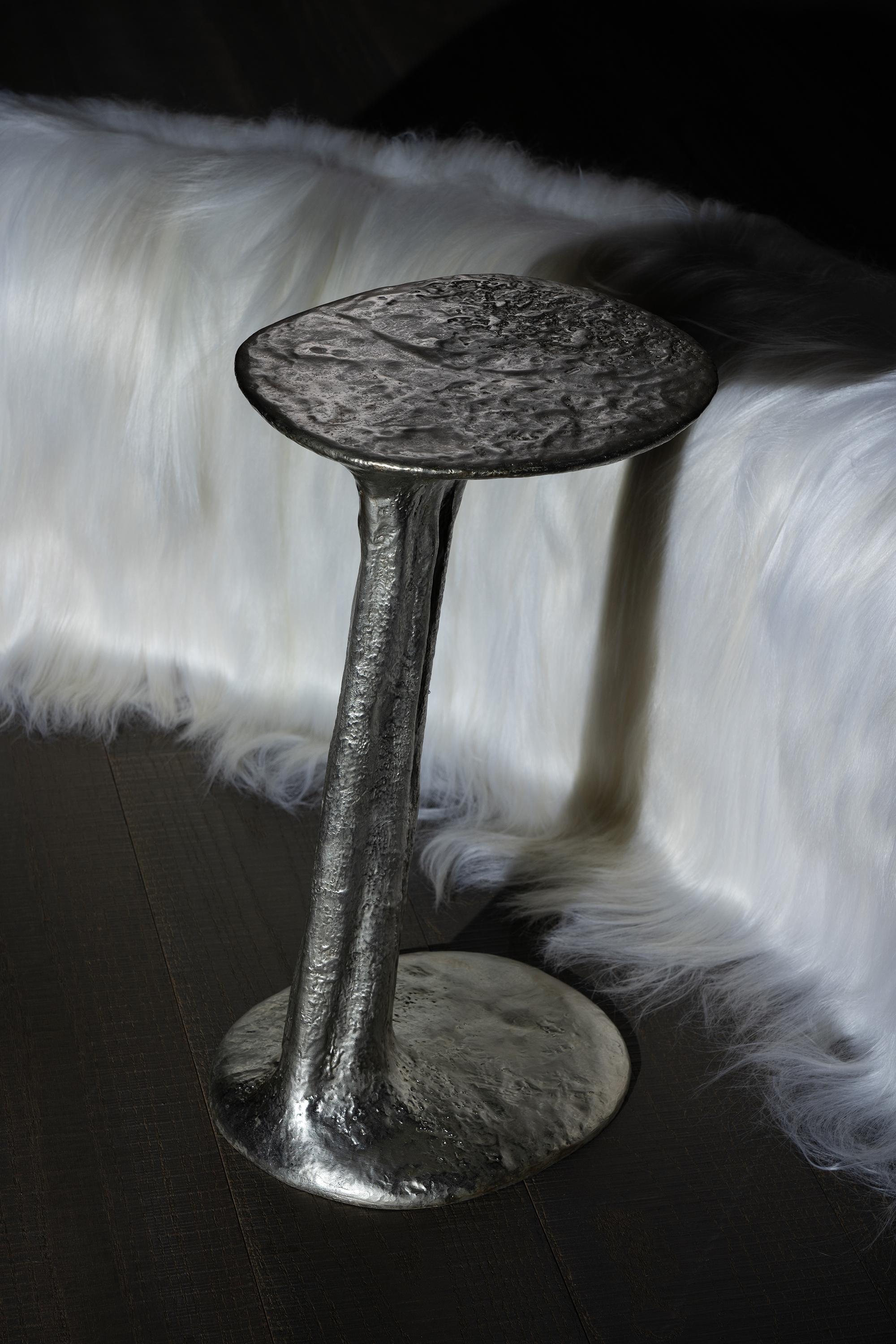 Contemporary Silver Cast Brass Lava Small Side Table by Atelier V&F  For Sale
