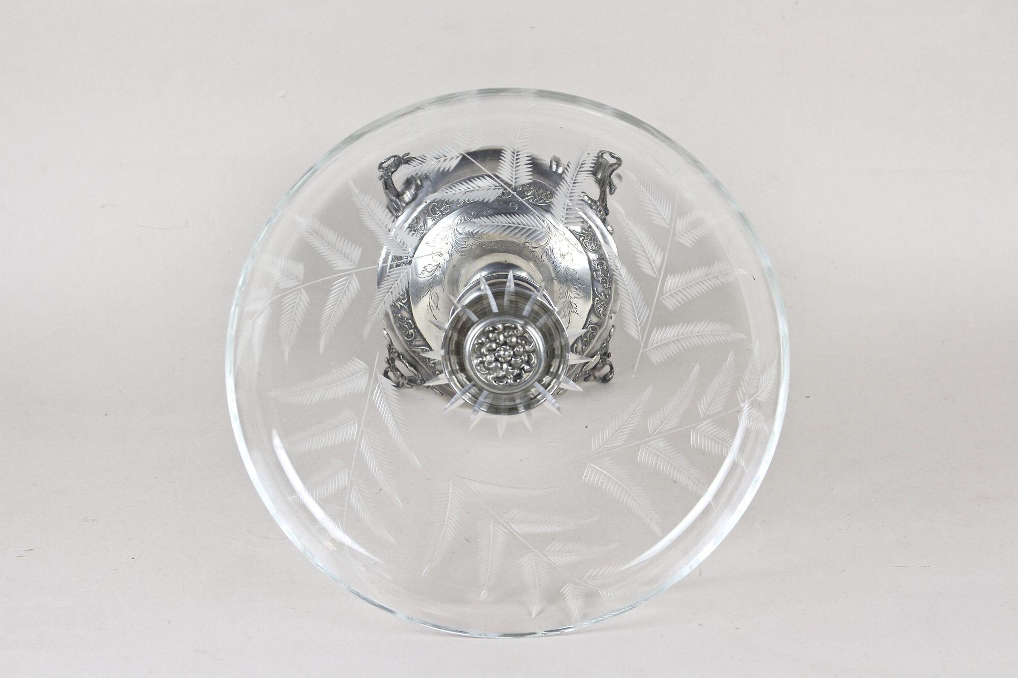 Art Nouveau Silver Centerpiece With Engraved Glass Bowl, Hallmarked - Austria ca. 1895 For Sale