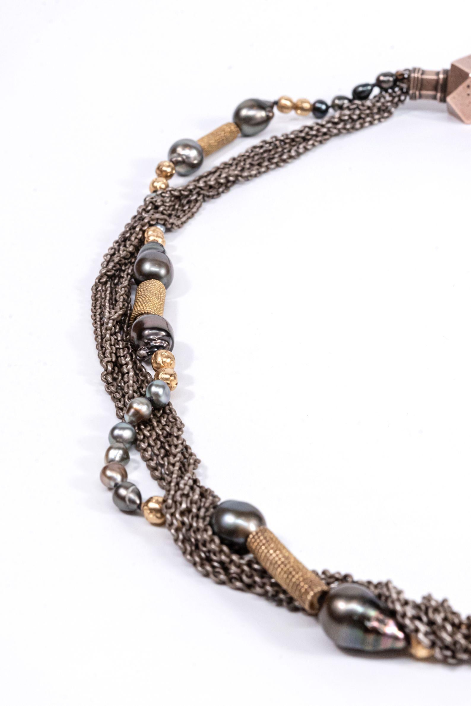 Silver Chain Gold Plate Beads Tahitian Baroque Pearls Keshi Beaded Necklace For Sale 13