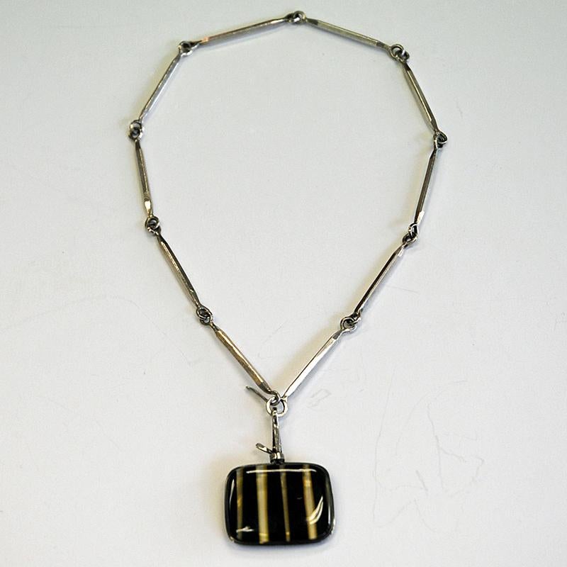 Scandinavian Modern Vintage Silver Necklace with Glass Pendant by Bengt Liljedahl 1959, Sweden