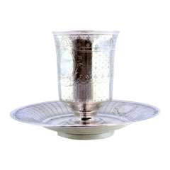 Silver chalice and plate with pearly and finely guilloche engravings