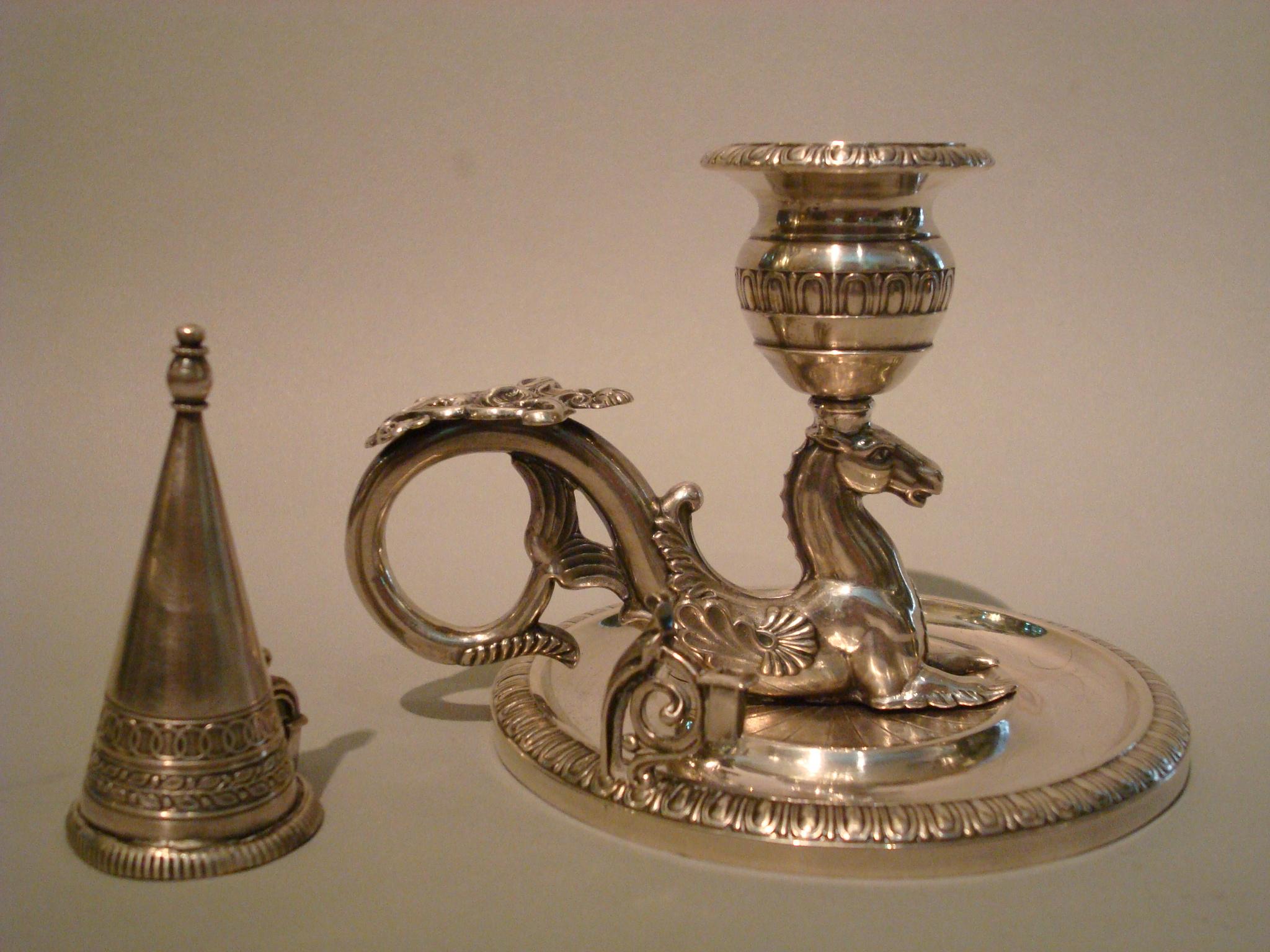 Early Victorian Silver Chamberstick / Candleholder Hippocampus / Seahorse, 1837 Munich, Germany For Sale