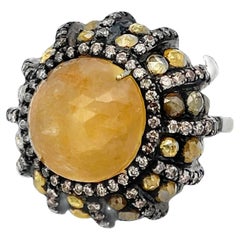 Bague en argent, champagne et diamant jaune avec saphir jaune brut