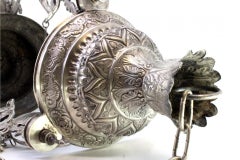 Silver chandelier w/ reliefs, mesh suspension chain, padlock & ceiling bracket