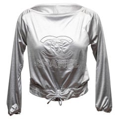 Silver Chanel Metallic Knit CC Logo Long Sleeve Top Size US S