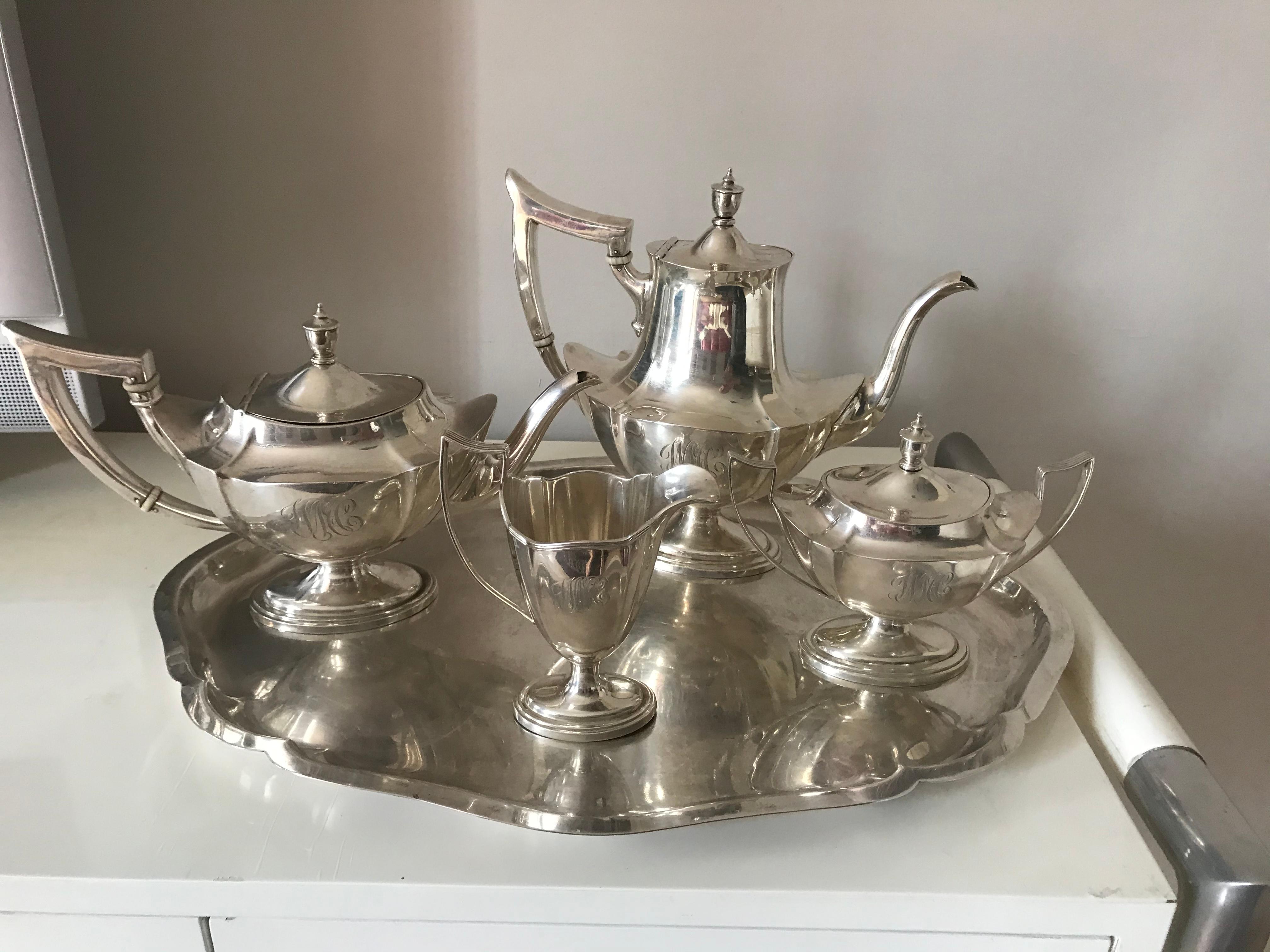 Silver Chantilly Gorham Coffee Set with Silver Tray In Good Condition For Sale In Boca Raton, FL