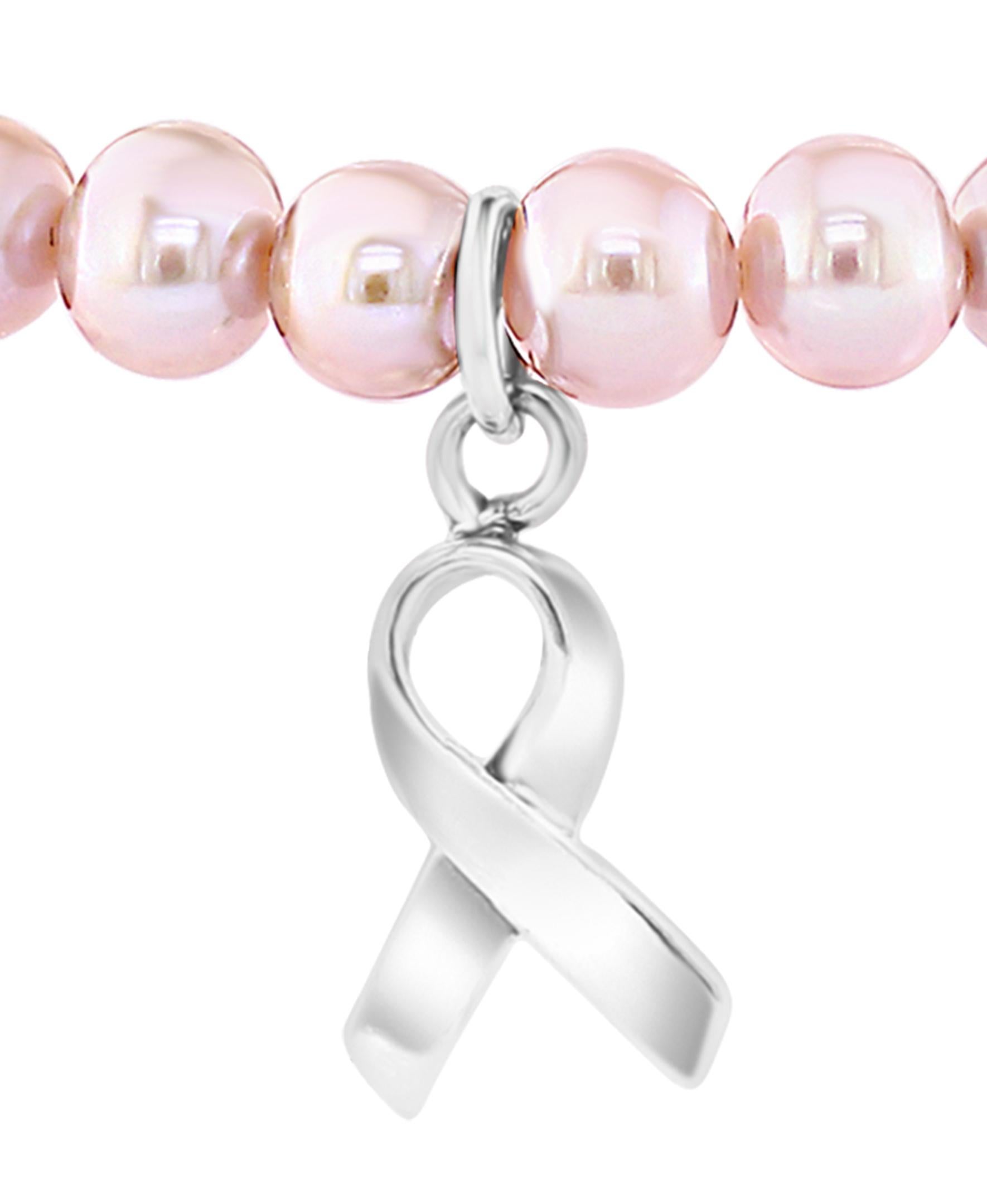 This stretch bracelet features Chinese Freshwater cultured natural-pink colored round 6-6.5mm pearls. The bracelet is accented with a sterling silver ribbon charm and is finished to 7 inches in length.
This gorgeous cultured freshwater pearl jewelry