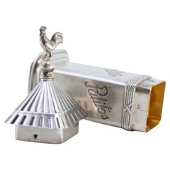Silver chicken coop toothpick holder with rooster on top