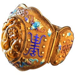 Silver Chinese Enameled Bracelet with Gold Gilt Cuff Pendant Qing Dynasty