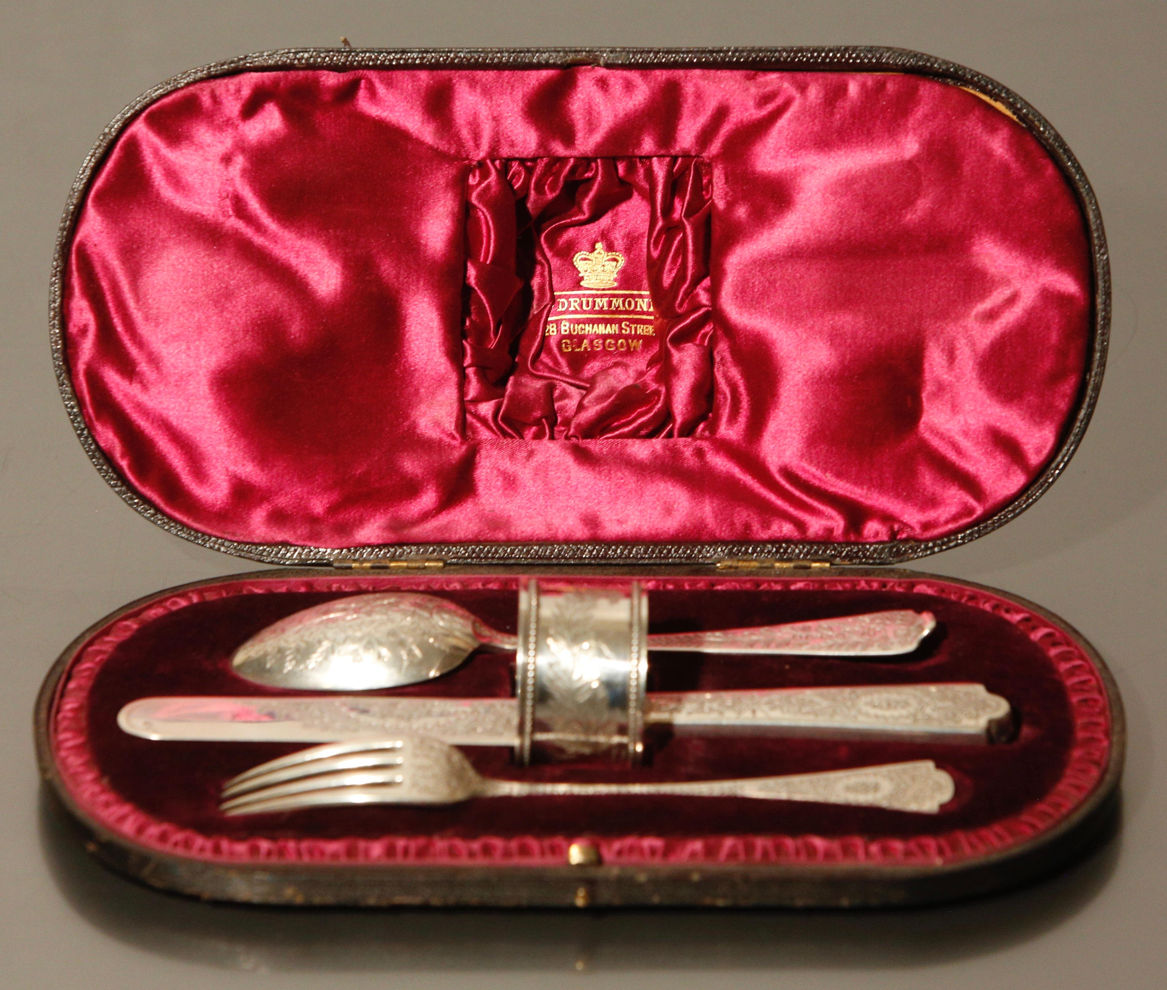 High Victorian Silver Christening Set Edward Barnard & Sons Engraved ASM For Sale