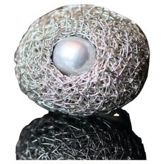 Silber Chunky Cocktail Ring Grau Perle Einzigartiges Statement-Schmuckstück