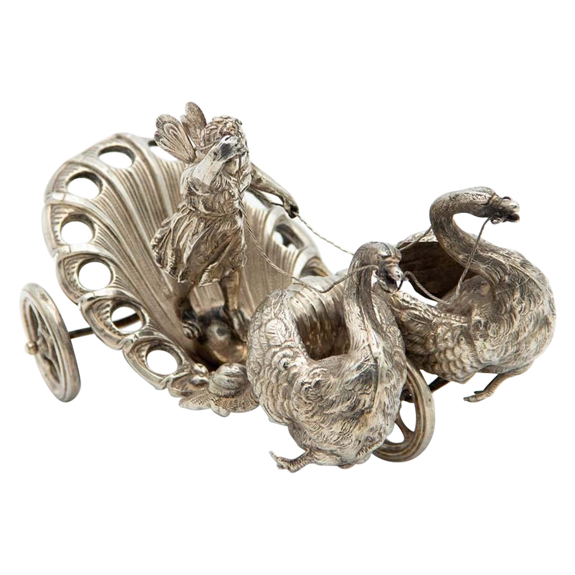 Silver cigar box in the shape of a chariot pulled by two swans