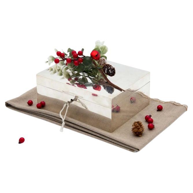 Silver cigar box with wood lining, hygrometer and key