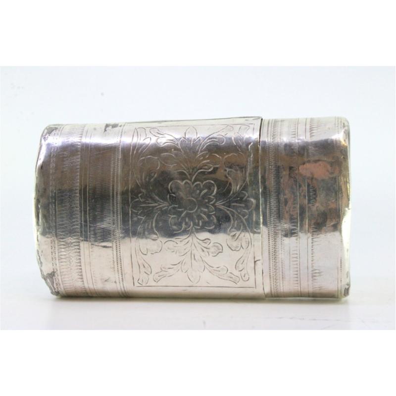 Description: Silver cigar case with engraved wreaths and friezes around the removable lid. Metal: Silver. Origin: European. Mark: Unreadable. Weight: 130.06 grams. Dimensions: 11cm x 6cm. Content: 950/1000. Assay Mark: Unreadable. Additional