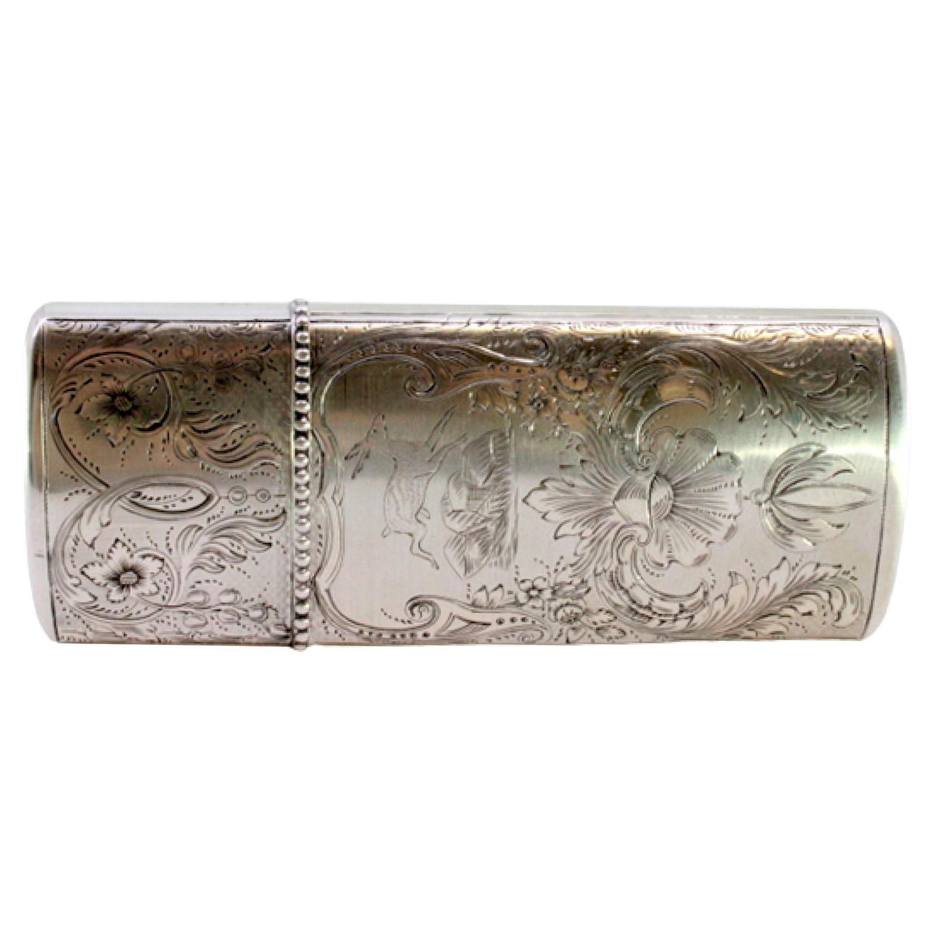 Silver cigar case with wreaths, florals, hunting scene and pearled lid frieze