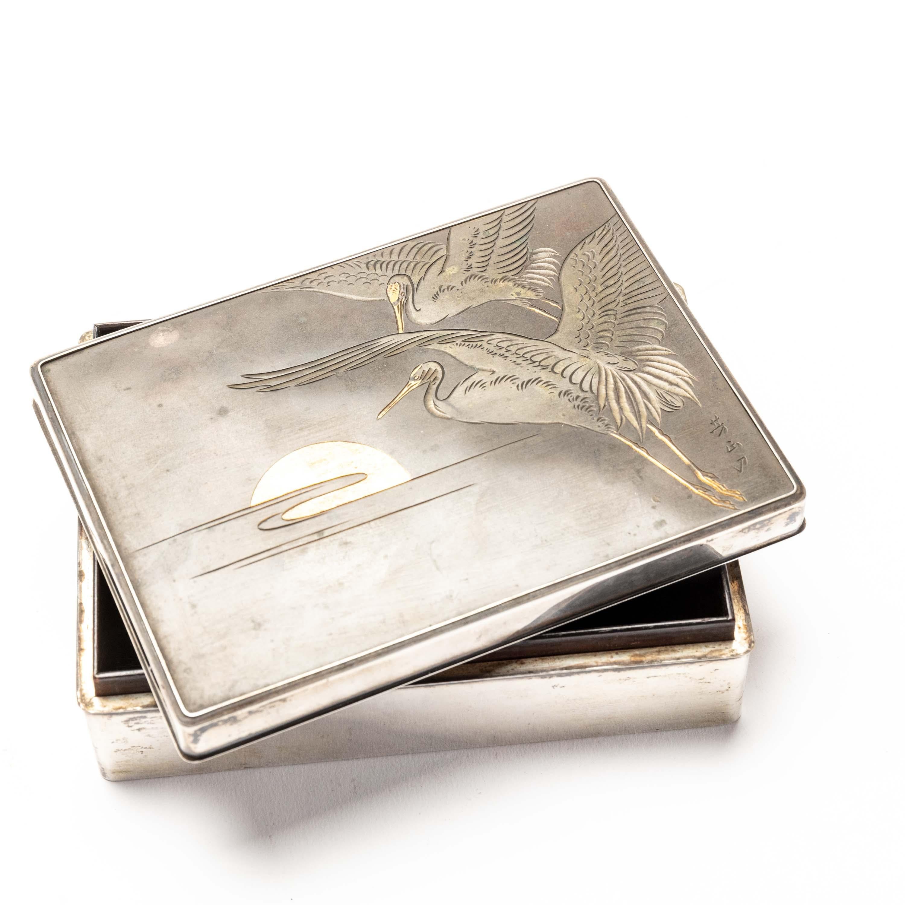 Japanese Silver Cigarette Box with Incised Cranes from Japan