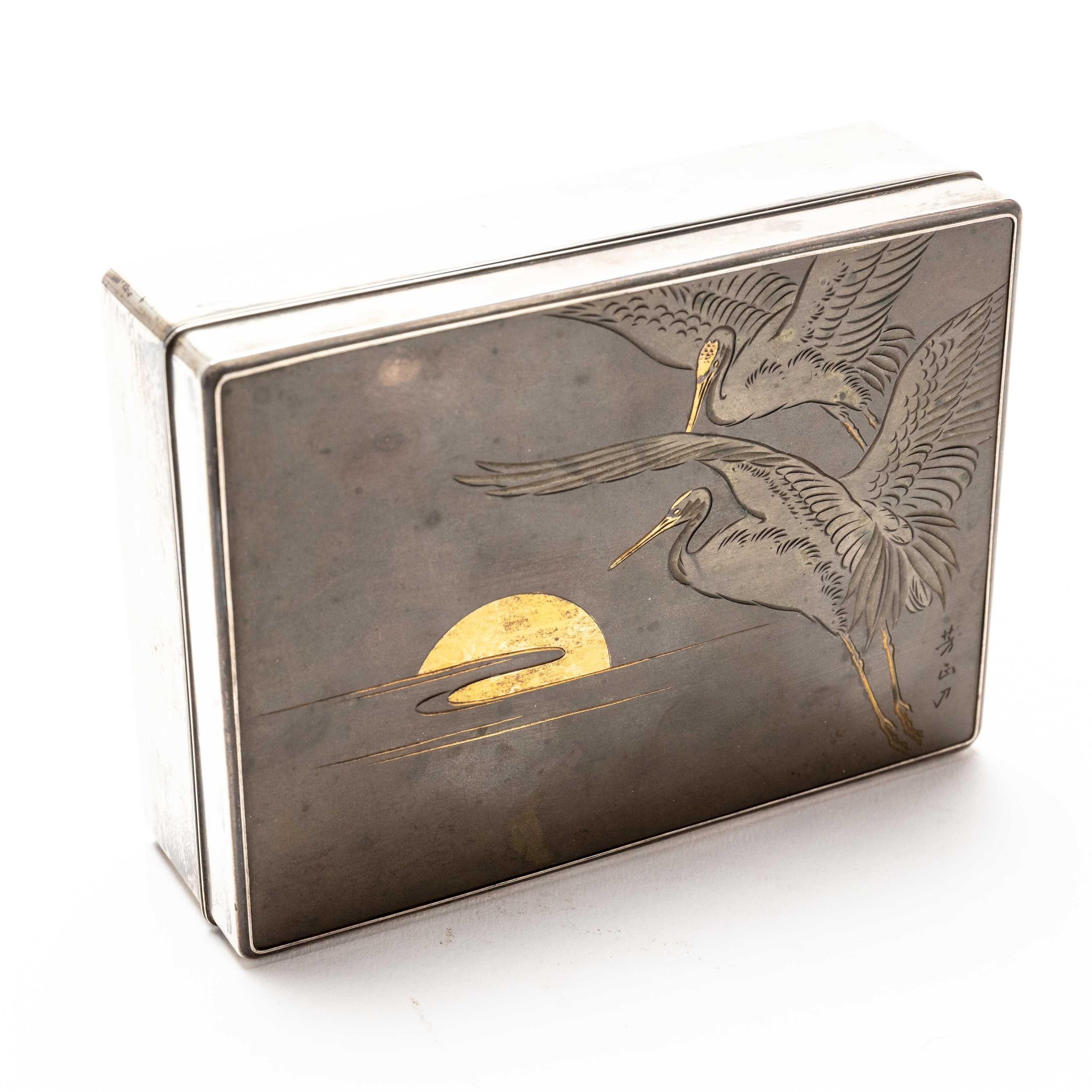 Engraved Silver Cigarette Box with Incised Cranes from Japan