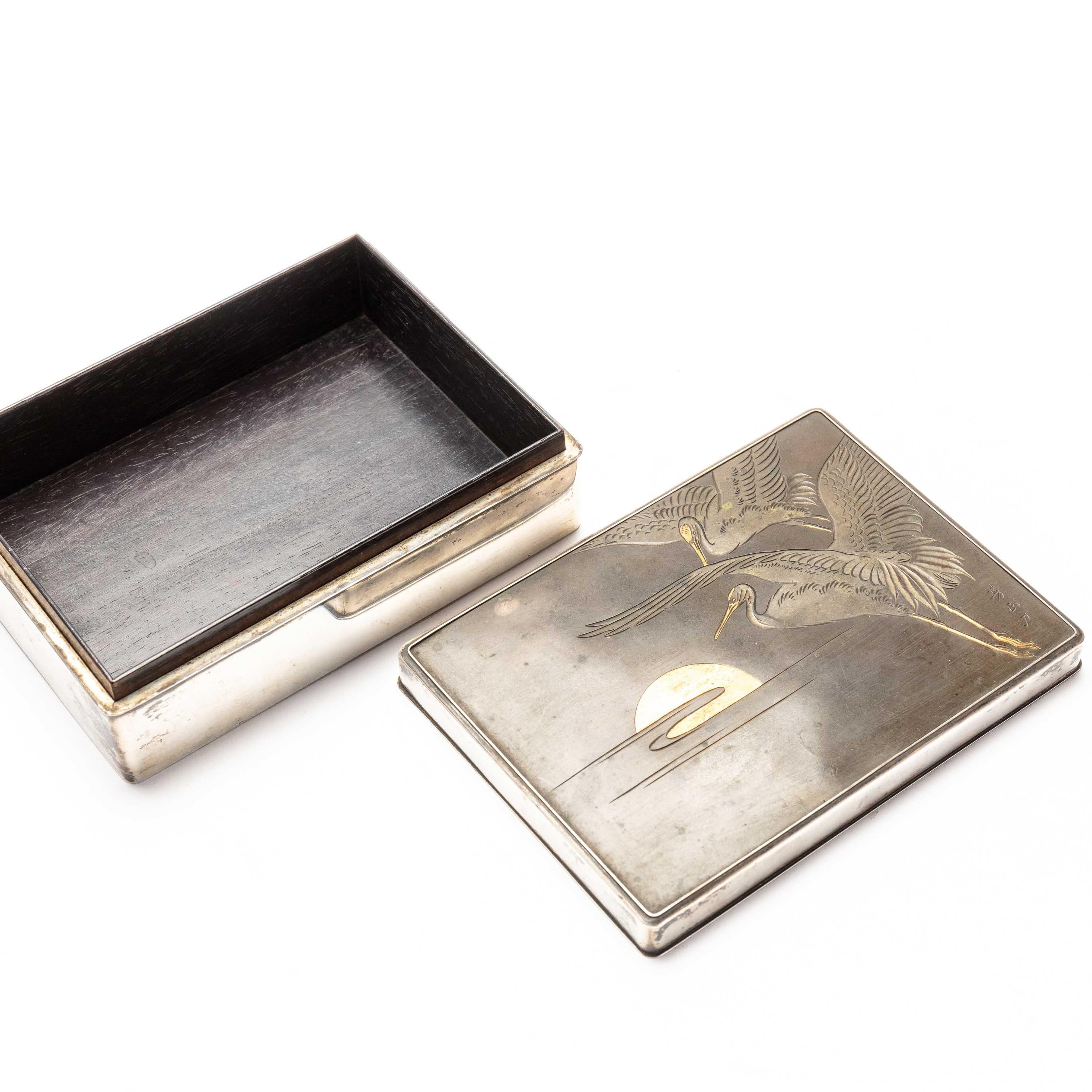 Silver Cigarette Box with Incised Cranes from Japan In Good Condition In Prahran, Victoria