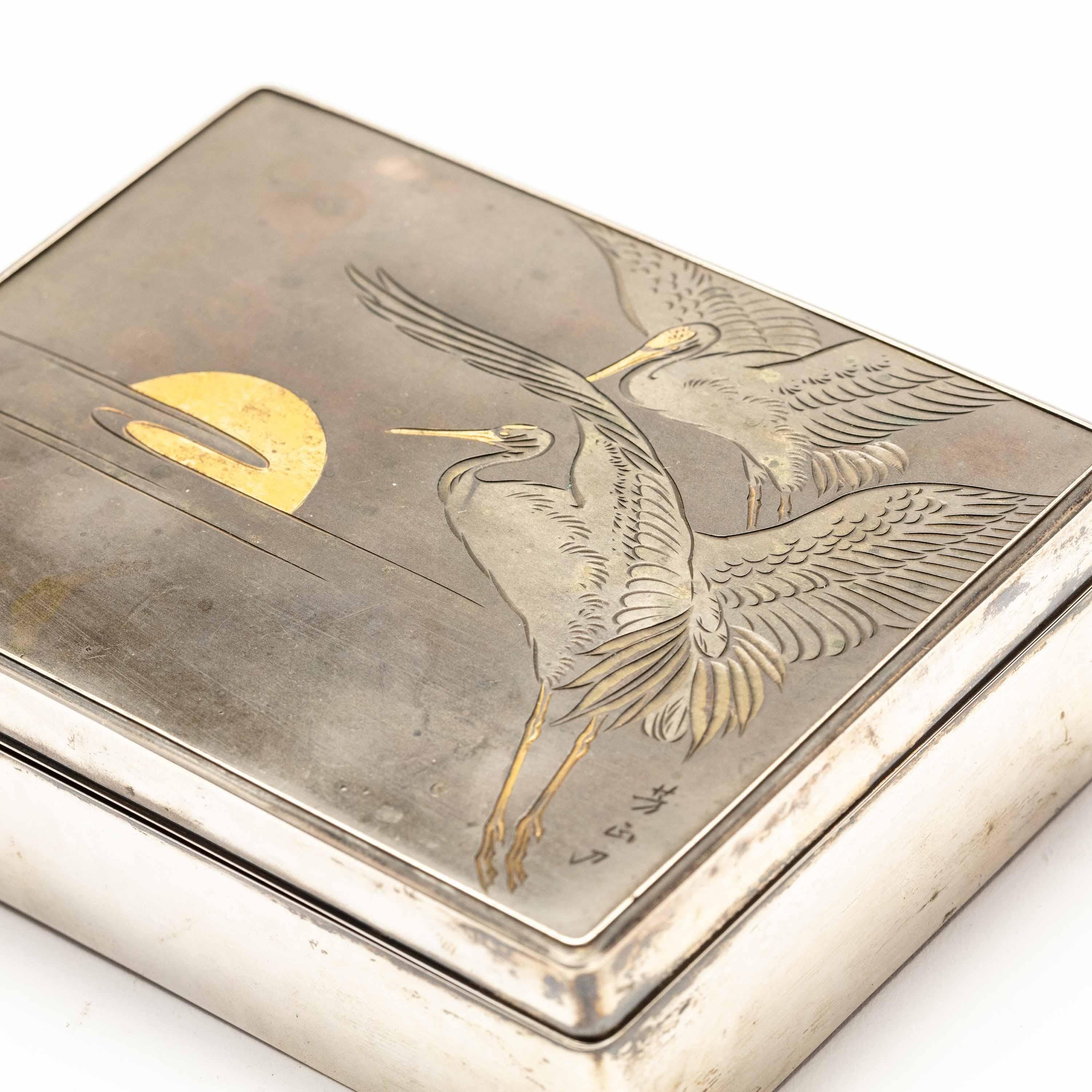 Silver Cigarette Box with Incised Cranes from Japan 1