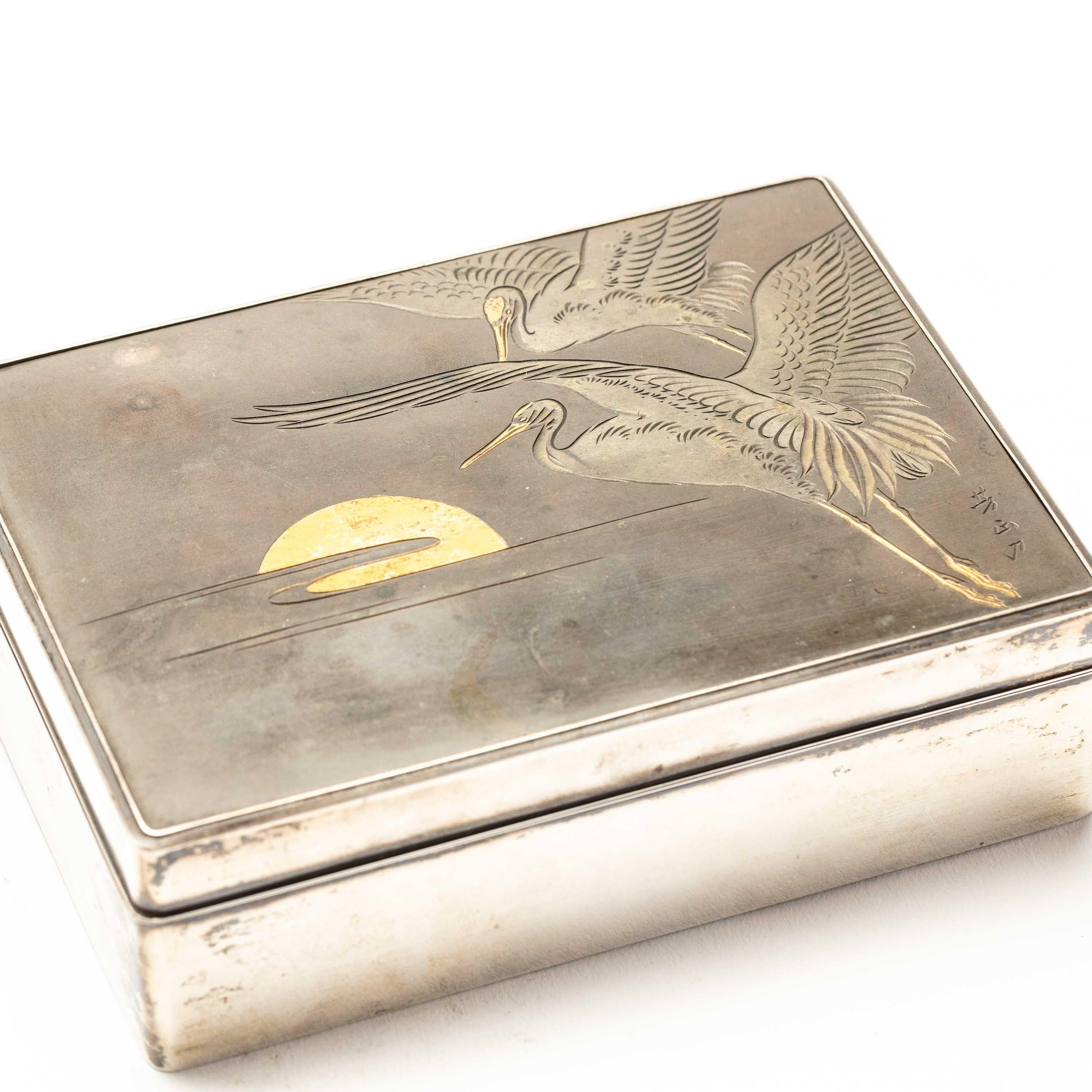 Silver Cigarette Box with Incised Cranes from Japan 2