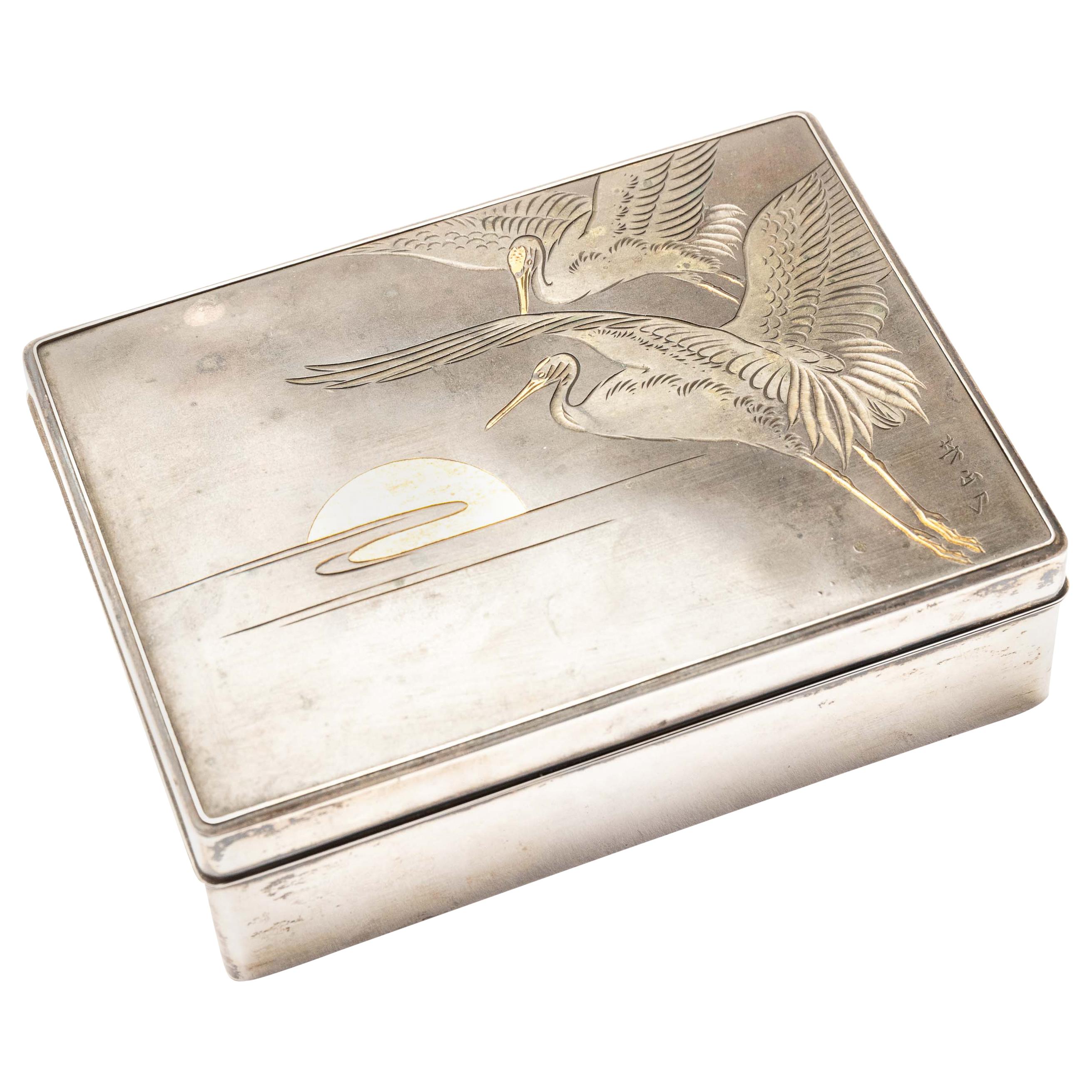 Silver Cigarette Box with Incised Cranes from Japan