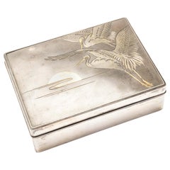 Vintage Silver Cigarette Box with Incised Cranes from Japan