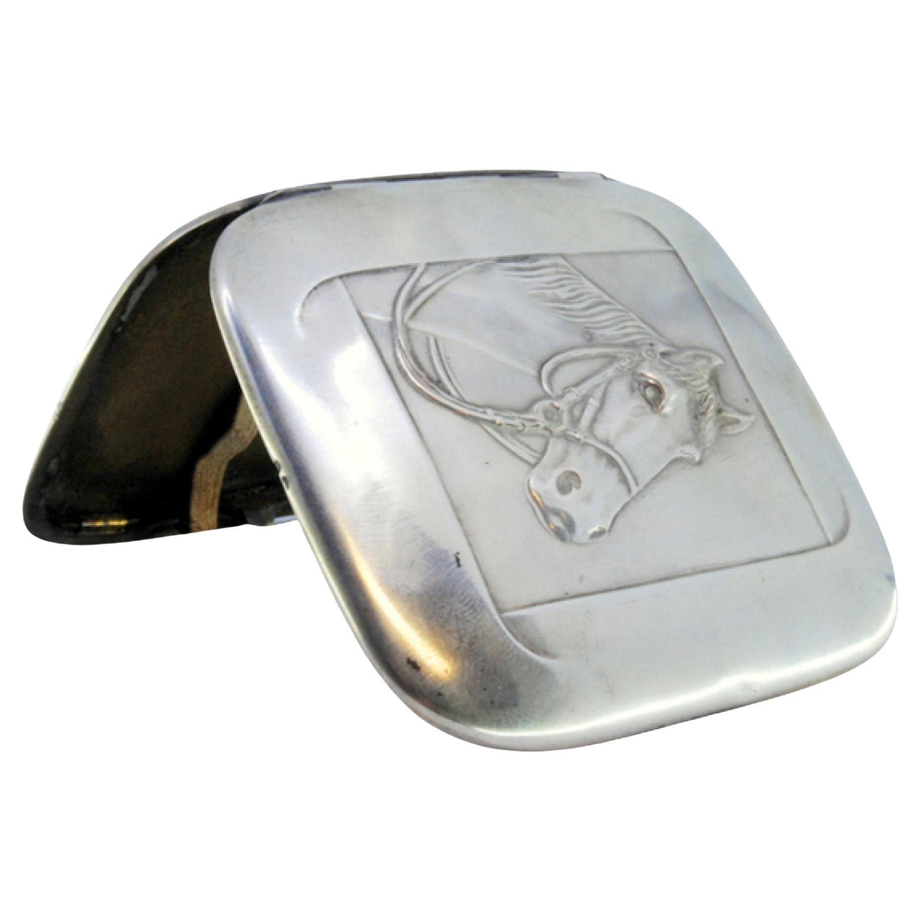 Silver cigarette case w/ relief horse figure in Art Nouveau style
hinged lid