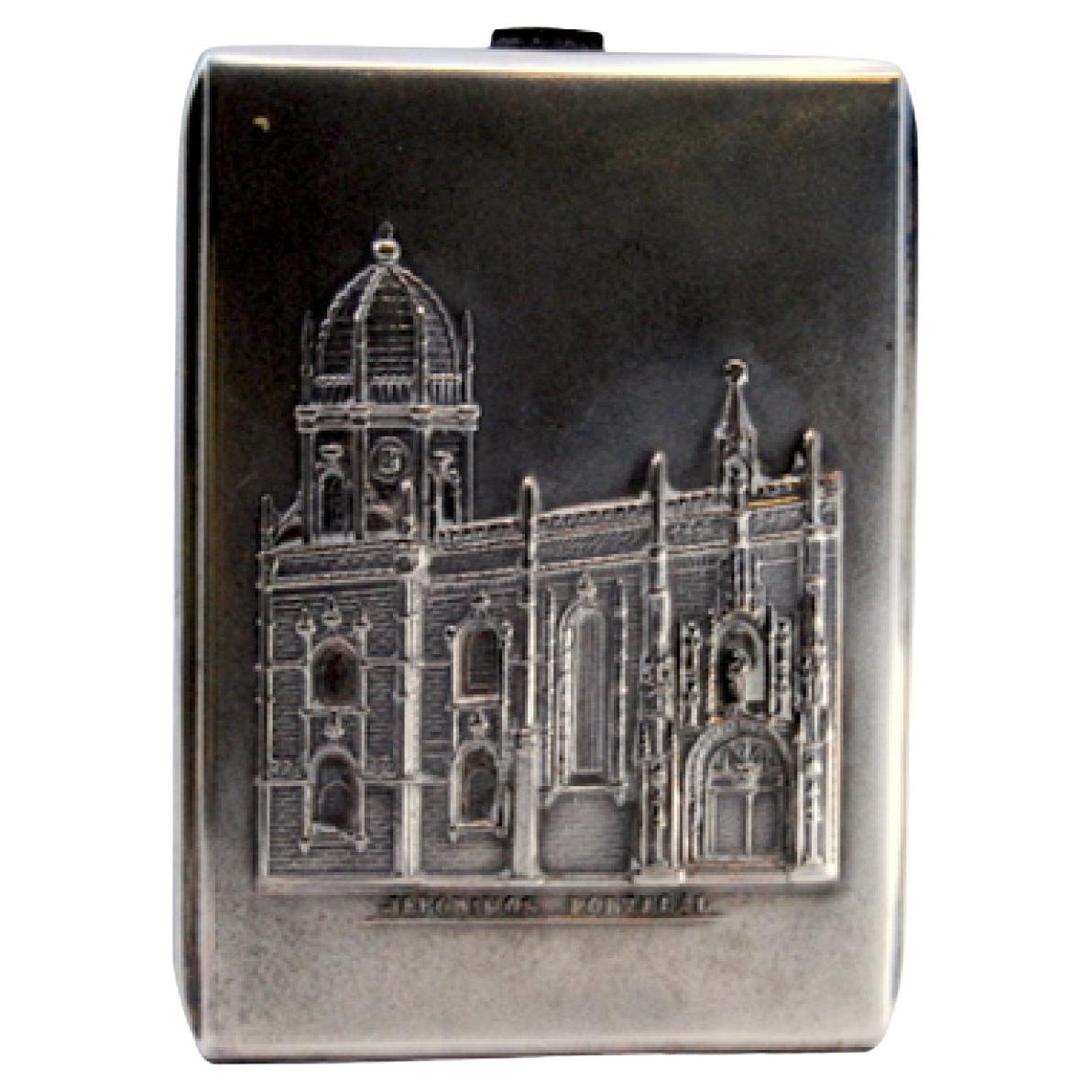 Silver cigarette case w/ the Jerónimos Monastery in high relief & a hinged lid For Sale
