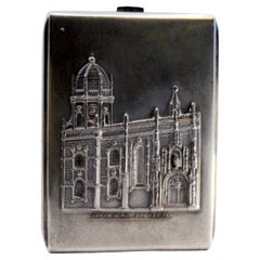 Silver cigarette case w/ the Jerónimos Monastery in high relief & a hinged lid