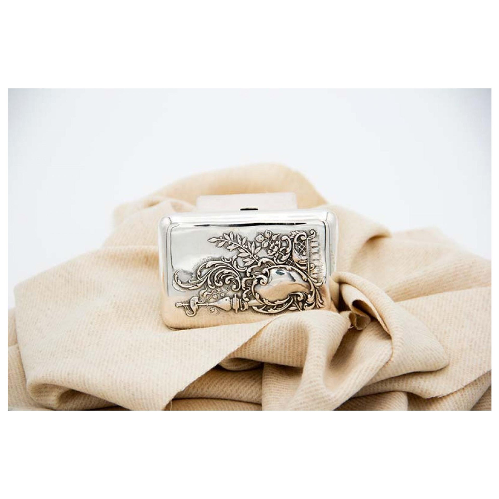 Silver cigarette case with Art Nouveau and embossed Islamic elements