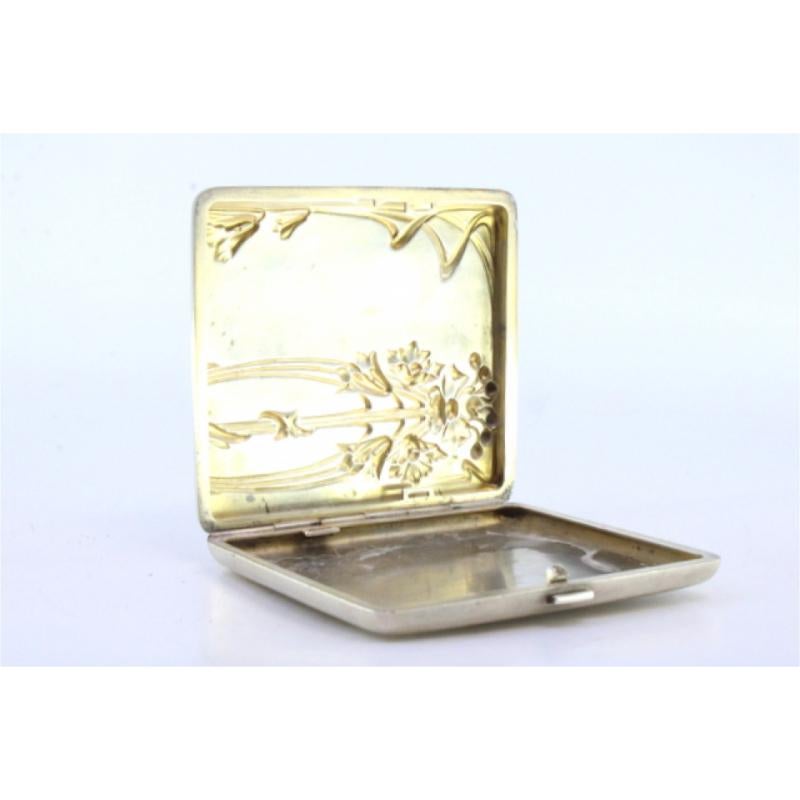 European Silver cigarette case with Art Nouveau floral reliefs and hinged lid For Sale