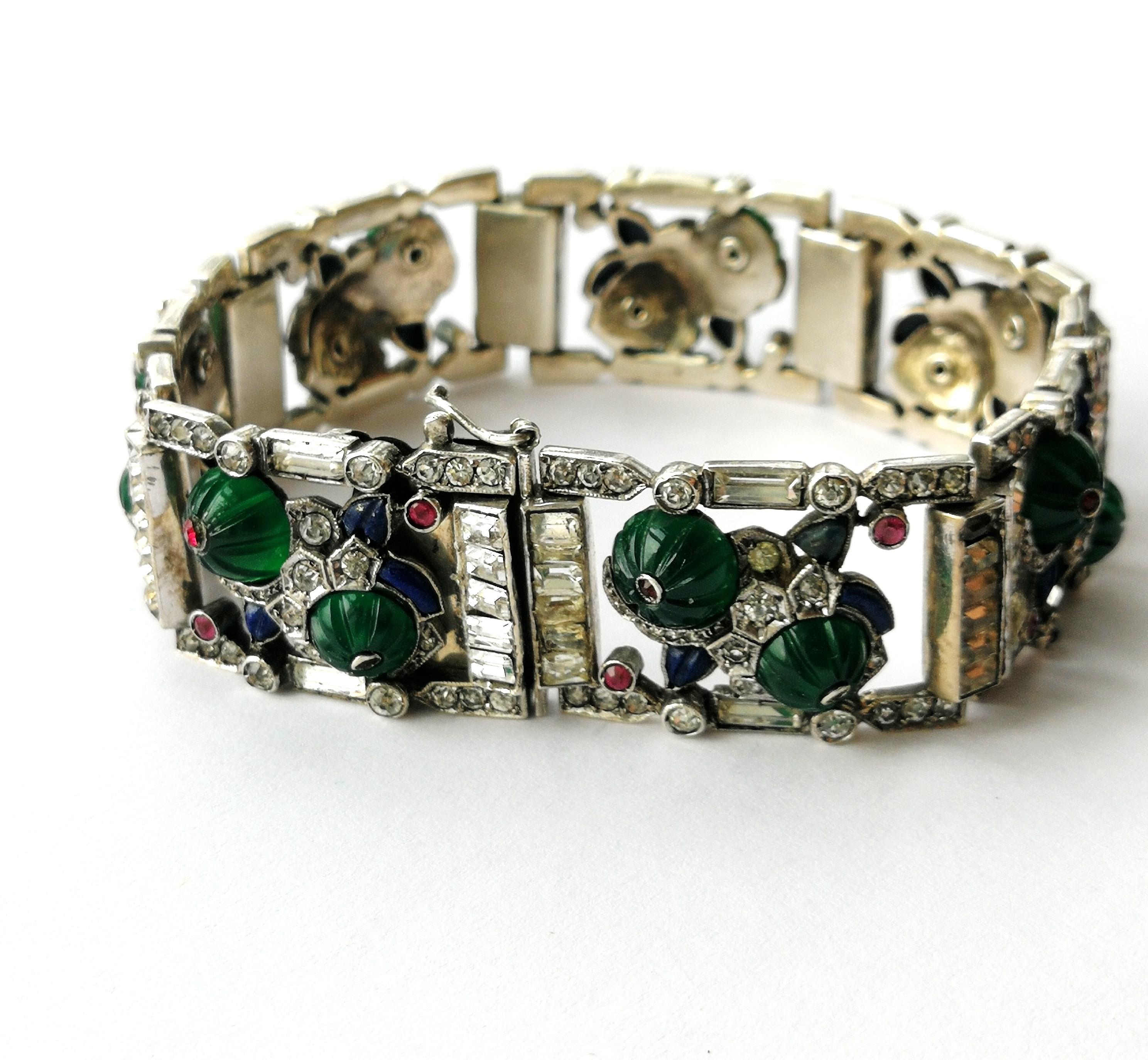 Silver, clear and coloured paste 'Cartier-style' bracelet , France, 1920s In Good Condition In Greyabbey, County Down