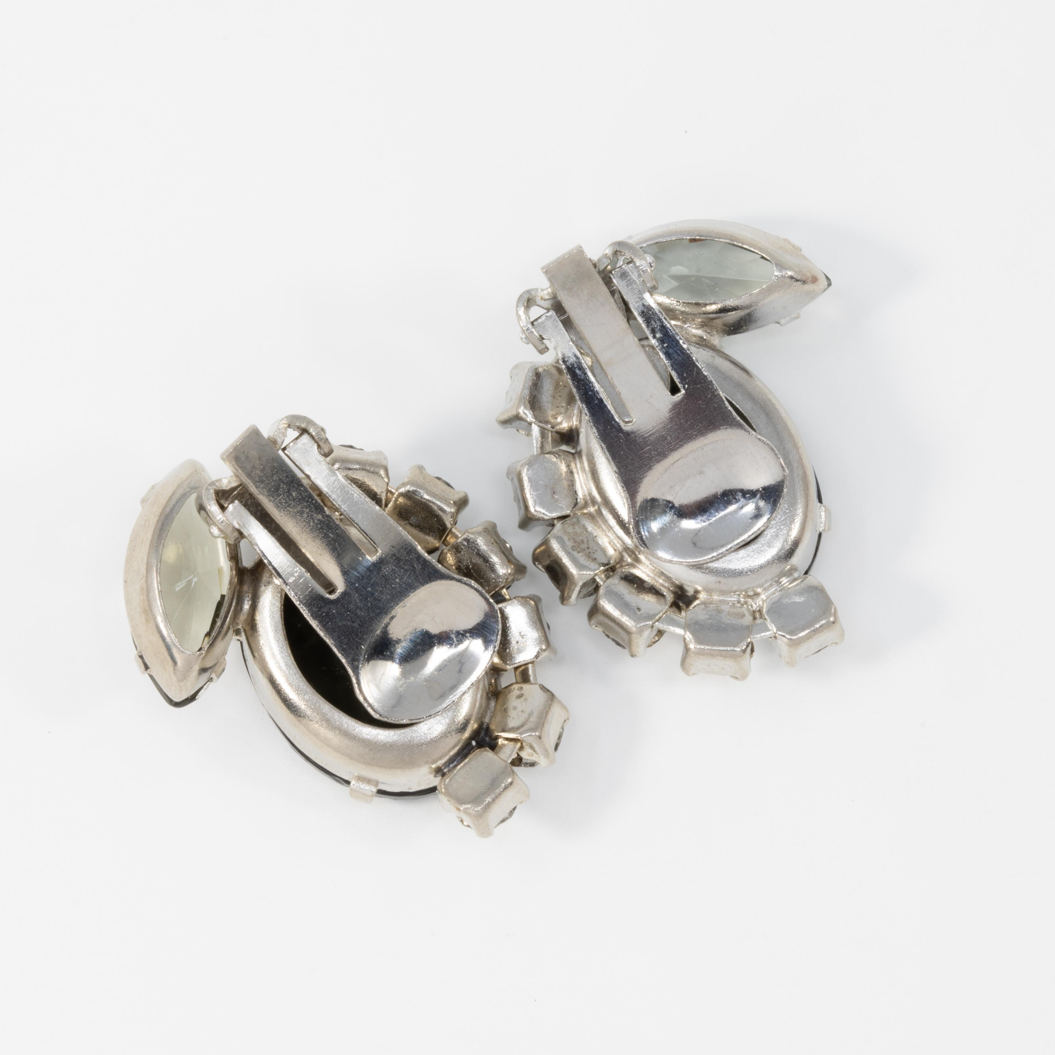 Retro Silver Clip On Fashion Earrings with Smoky Gray and Clear Crystal, Mid 1900s For Sale