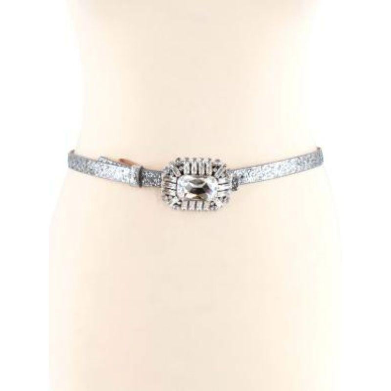 Jimmy Choo Silver Coarse Glitter Belt with Crystal Buckle 
 
 
 
 - Large silver crystal buckle 
 
 - Supple suede body with silver glitter 
 
 - Push buckle fastening 
 
 
 
 Materials:
 
 Suede 
 
 
 
 Made in Italy 
 
 
 
 9.5/10 excellent