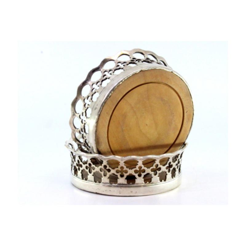 18th Century Silver coaster set with wire rack and wooden bases For Sale