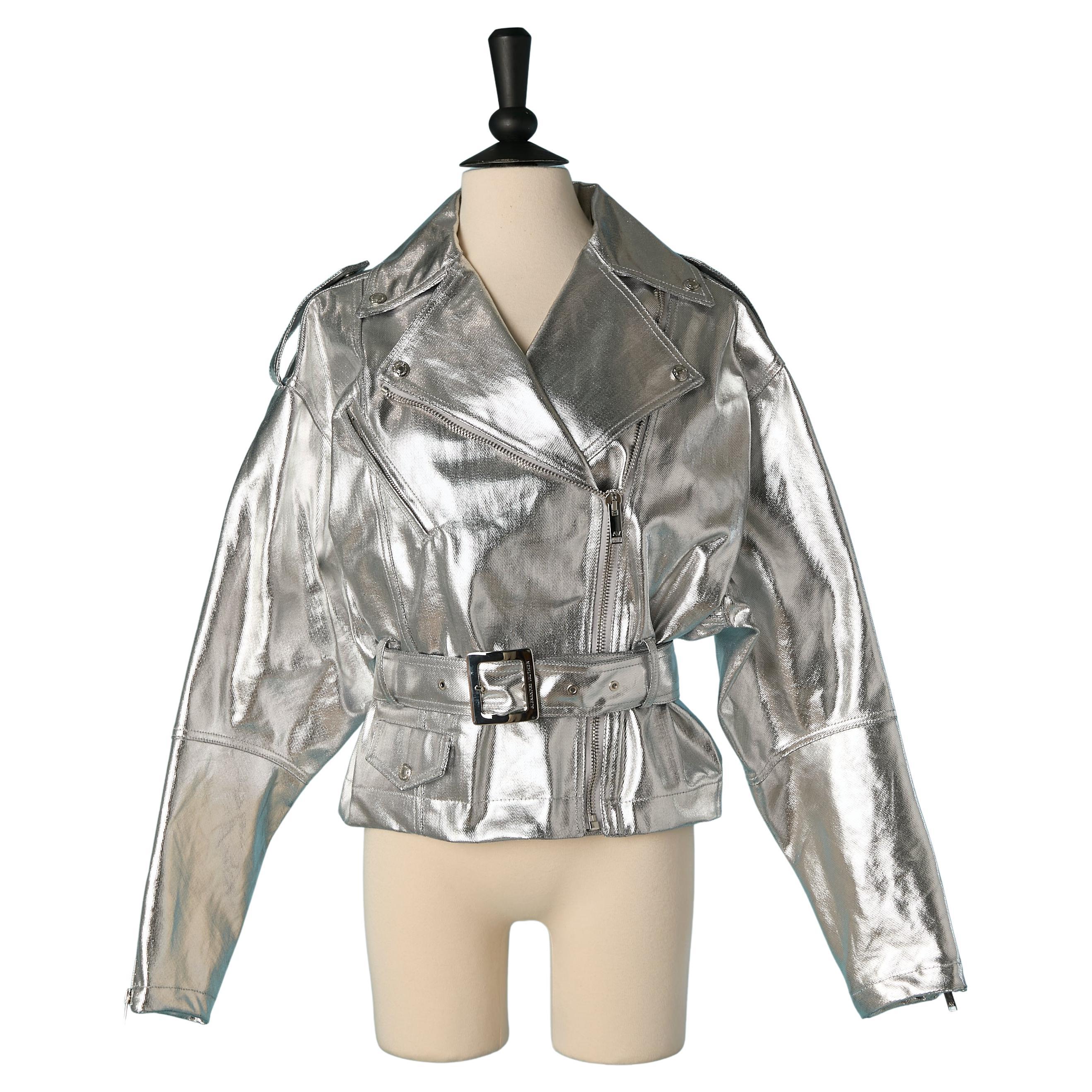 Silver coated denim biker jacket ALEXANDRE VAUTHIER New with tag