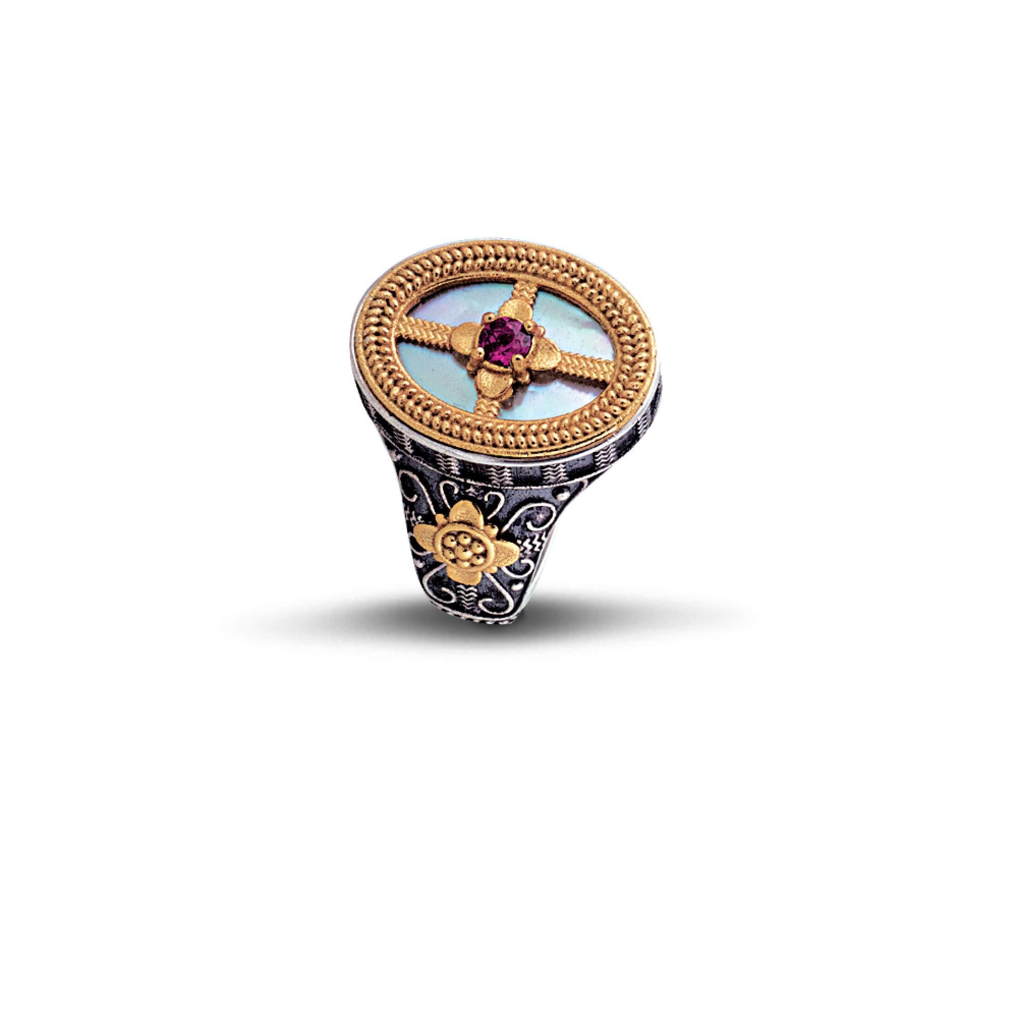 For Sale:  Silver Cocktail Ring with Mother of Pearl & Rhodolite, Dimitrios Exclusive D68  2