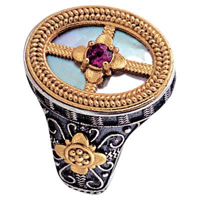 For Sale:  Silver Cocktail Ring with Mother of Pearl & Rhodolite, Dimitrios Exclusive D68