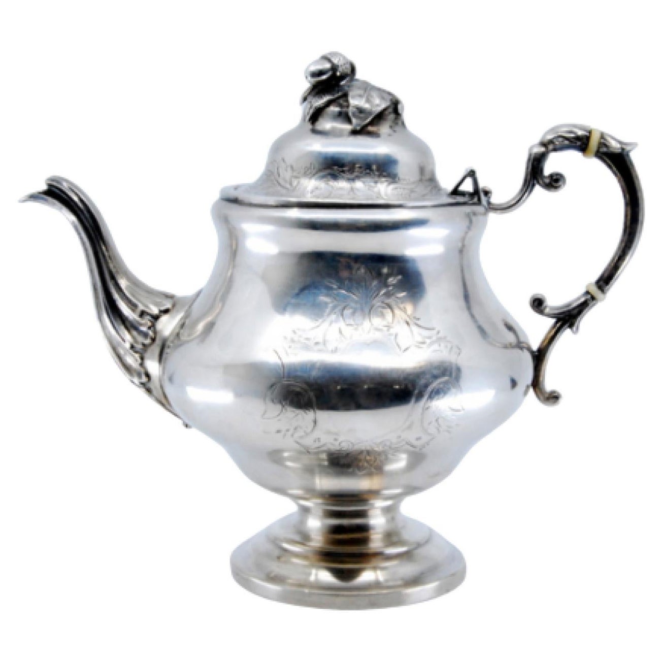 Silver coffee pot with plant engravings, monogram and raised knob lid