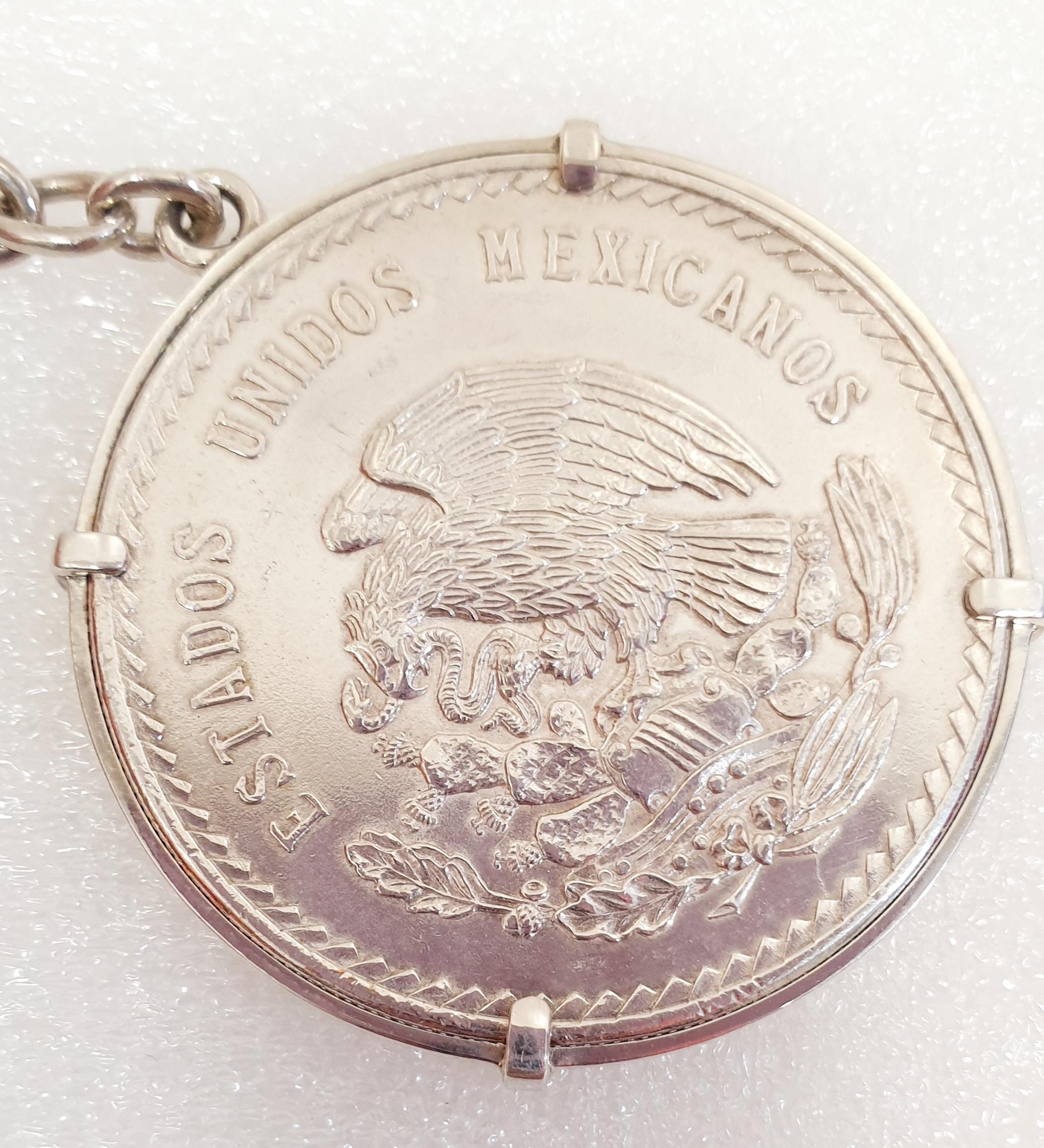Women's or Men's Silver Coin 5 Pesos 1947 Cuauhtemoc Aztec Empire In Its Key Ring For Sale