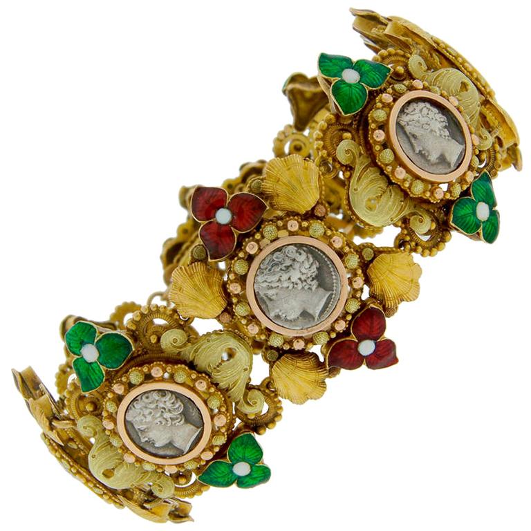 Silver Coin Enamel Yellow Gold Bracelet, French, 1950s