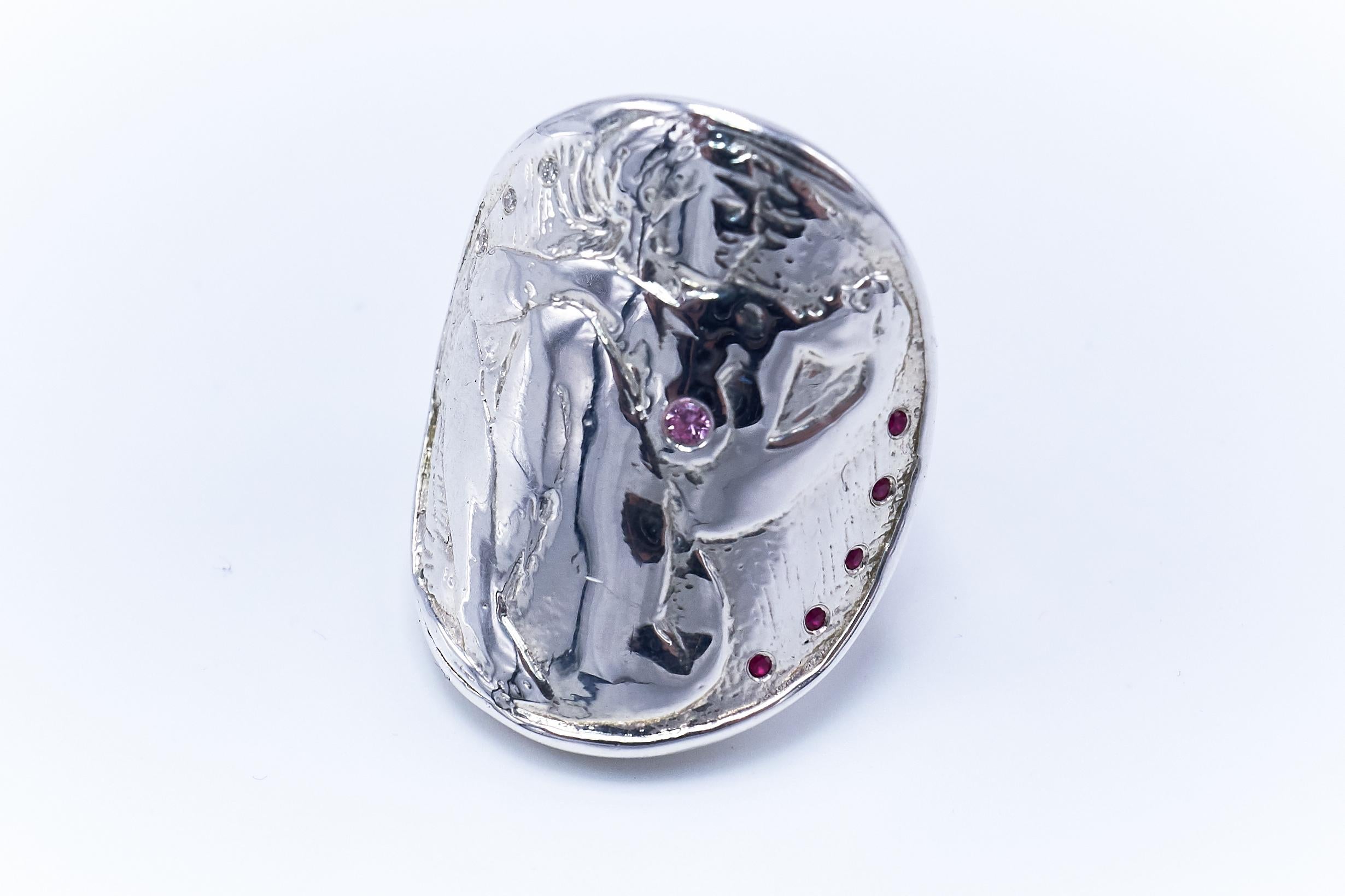 Donna Anello con moneta d'argento Rubino Diamante Zaffiro Rosa in vendita