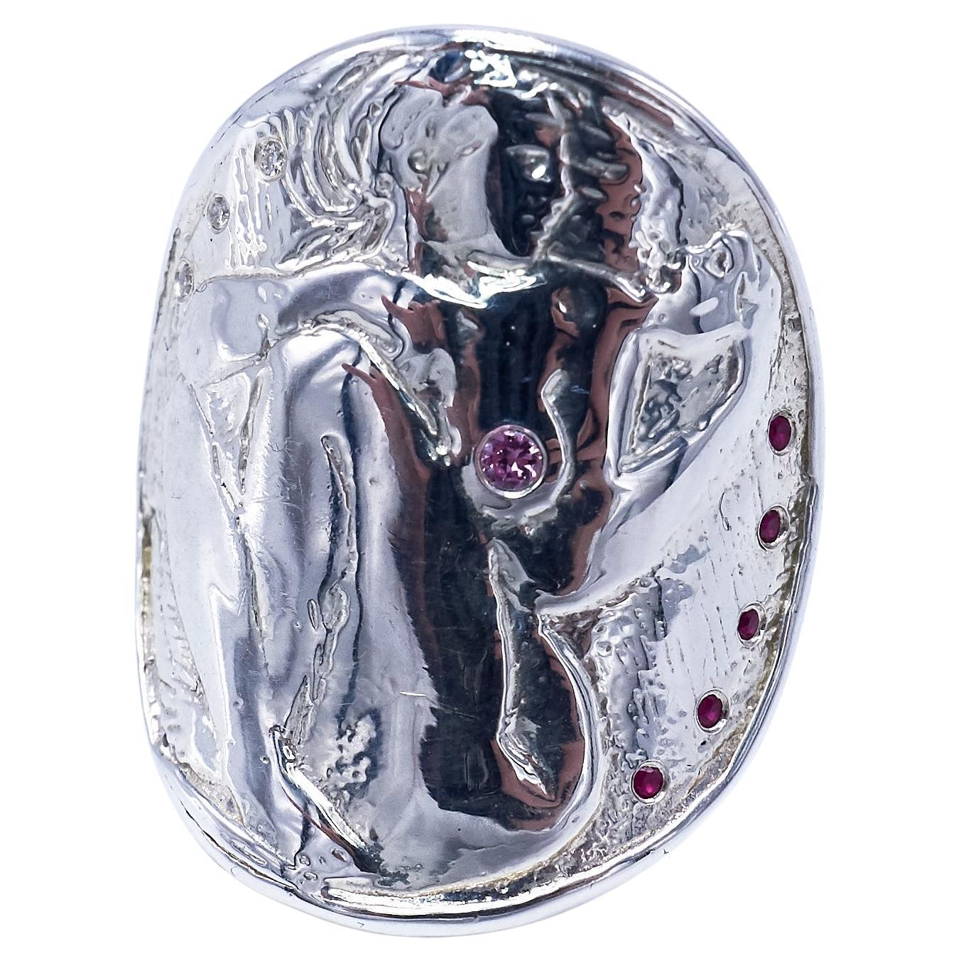Silver Coin Ring Ruby Diamond Pink Sapphire