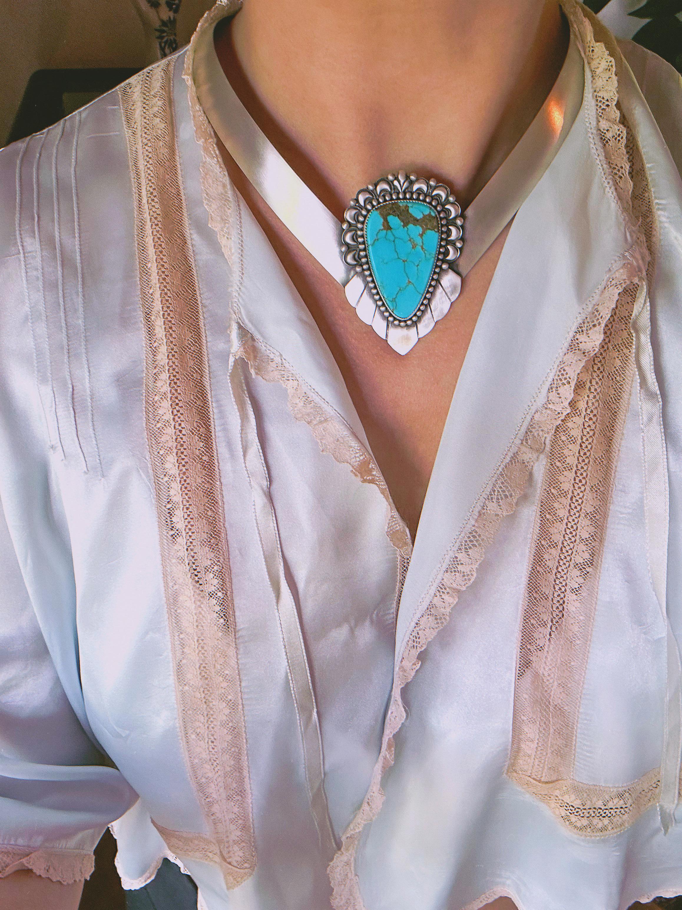 Art Deco Silver Collar Statement Choker Necklace with Sonoran Turquoise For Sale