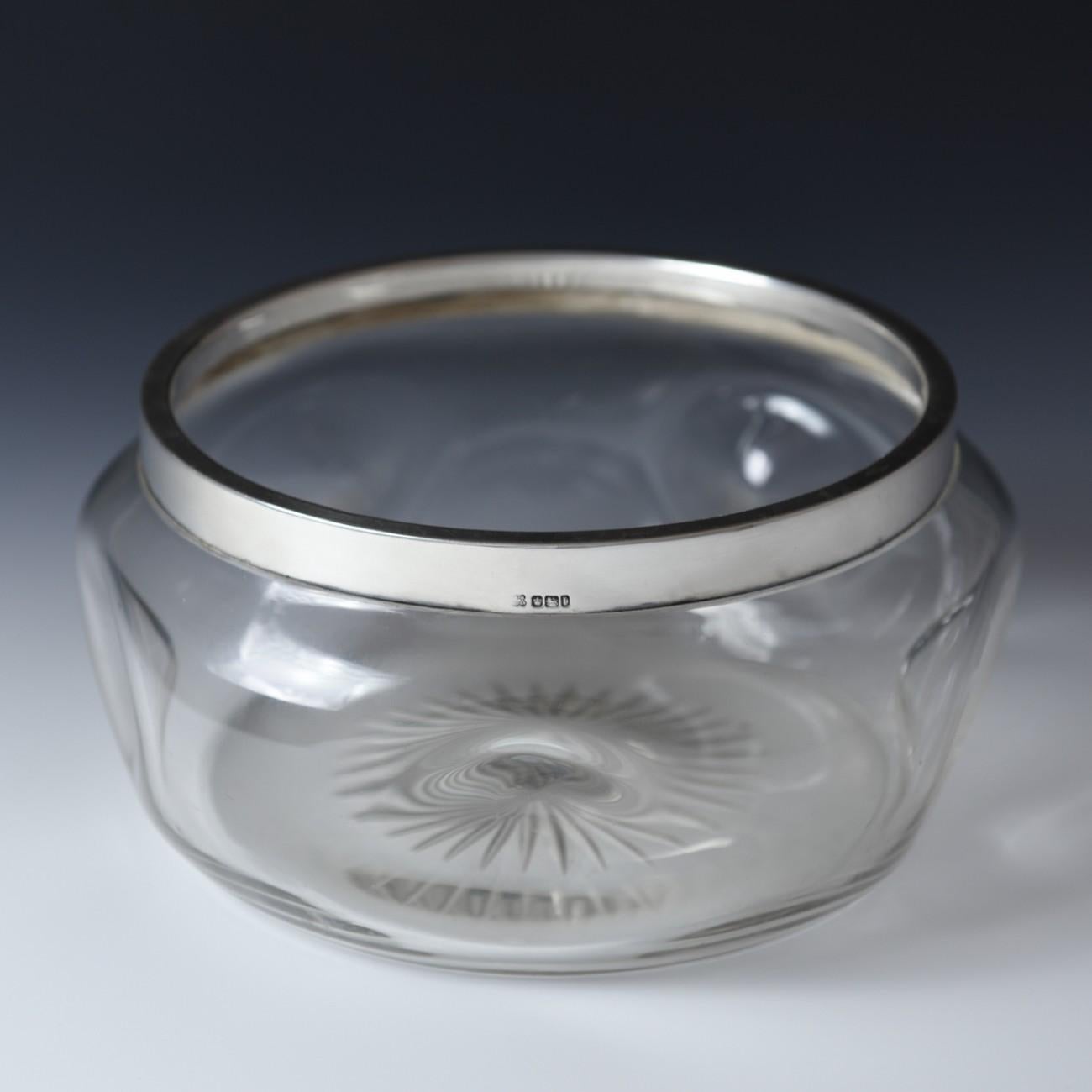 British Sterling Silver Collared Dimpled Glass Bowl, 1903