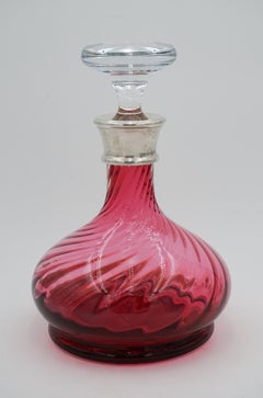 SILVER COLLARED HAND BLOWN CRANBERRY CRYSTAL DECANTER HARDWiCKE COLLECTION