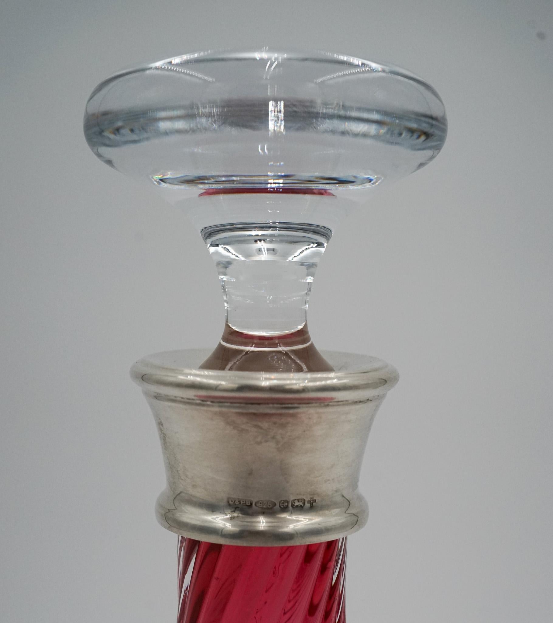 Hand-Crafted SILVER COLLARED HAND BLOWN CRANBERRY CRYSTAL DECANTER HARDWiCKE COLLECTION For Sale