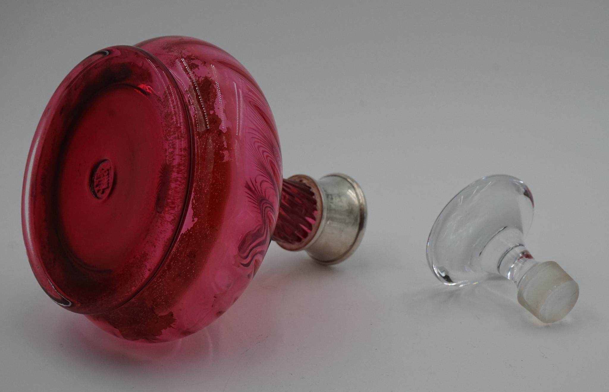 SILVER COLLARED HAND BLOWN CRANBERRY CRYSTAL DECANTER HARDWiCKE COLLECTION For Sale 1