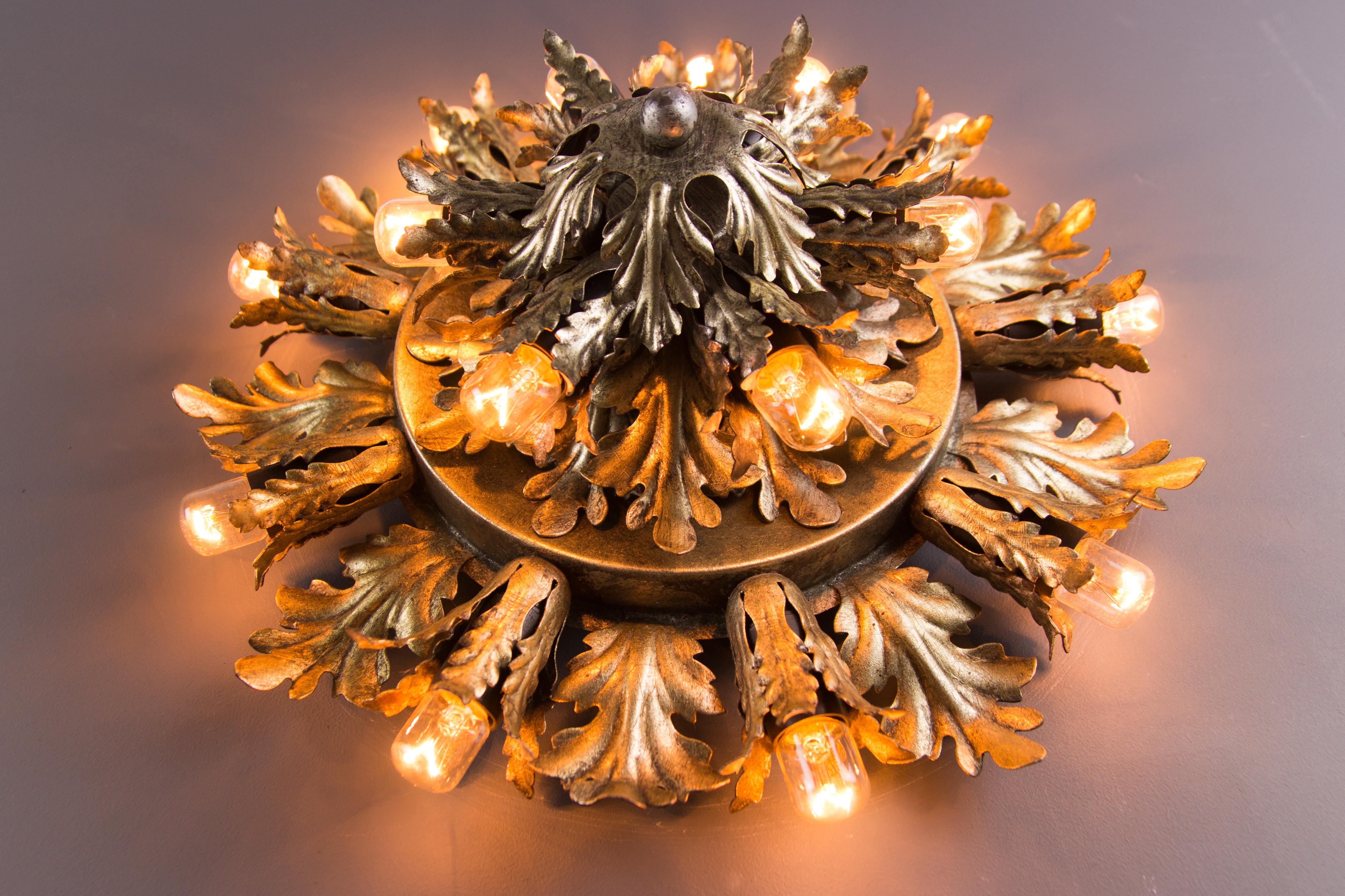 Silver and Gold Color Fifteen-Light Leafed Sunburst Wall or Ceiling Lamp, 1950s 2